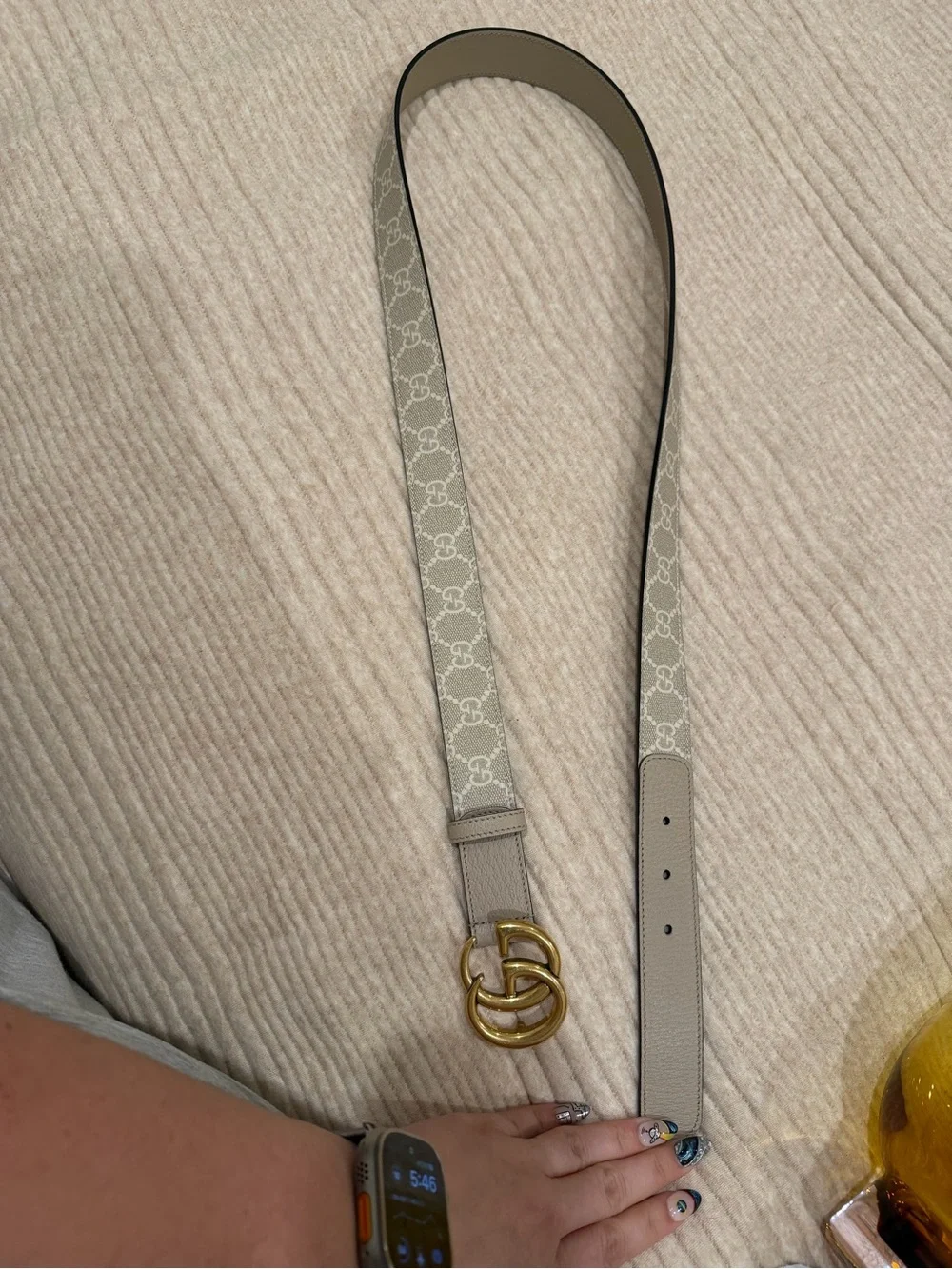 Gucci Taupe GG Supreme Canvas Belt with Gold Double G Buckle